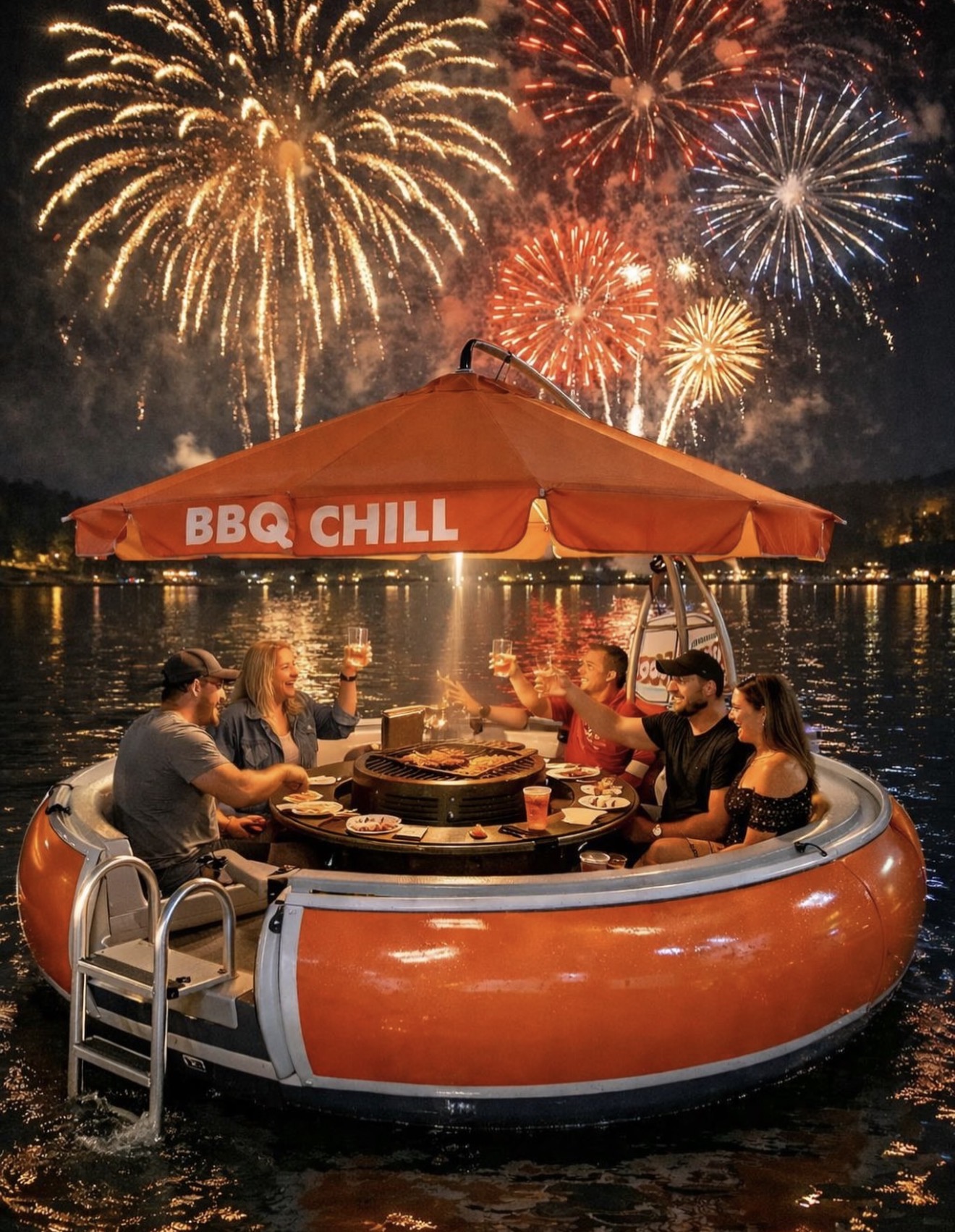 Soirée sur le bateau donut BBQ sous les feux d'artifice