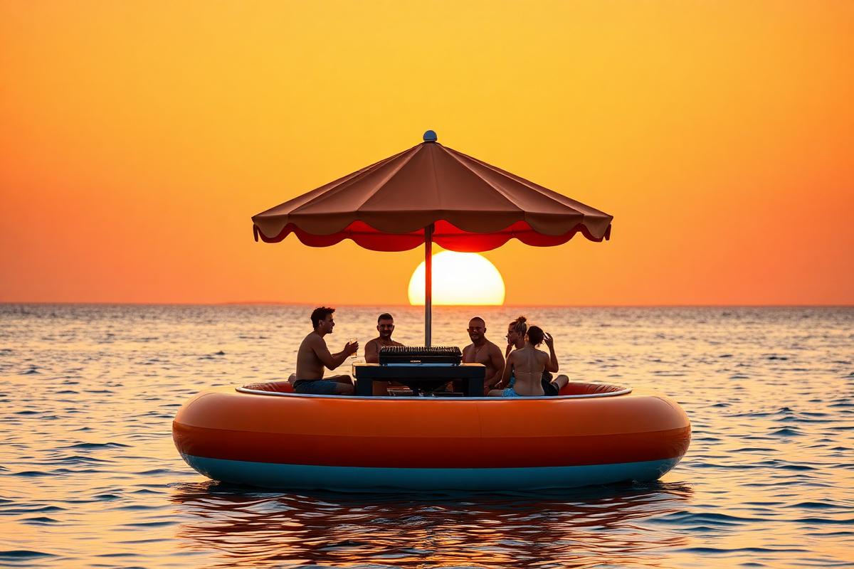 Bateau donut BBQ au coucher du soleil sur la mer
