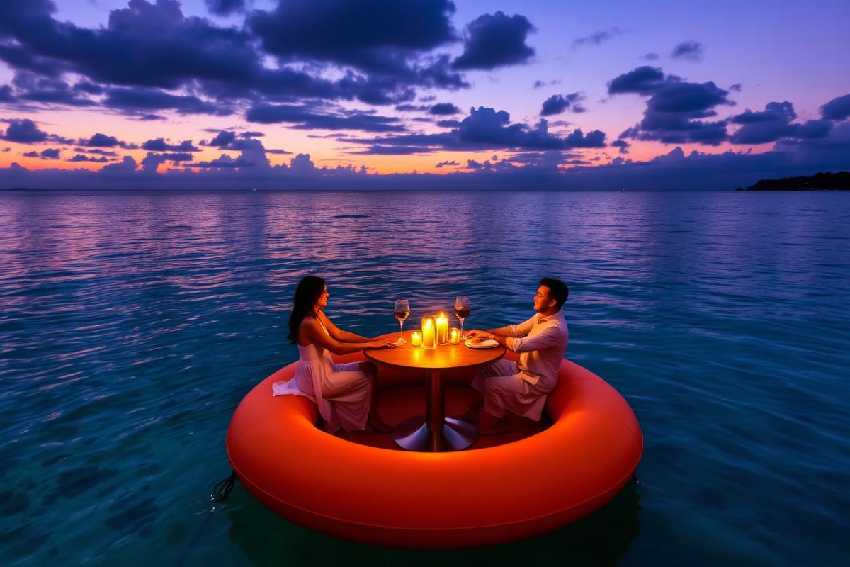 Dîner romantique pour deux à bord du bateau donut à la tombée de la nuit